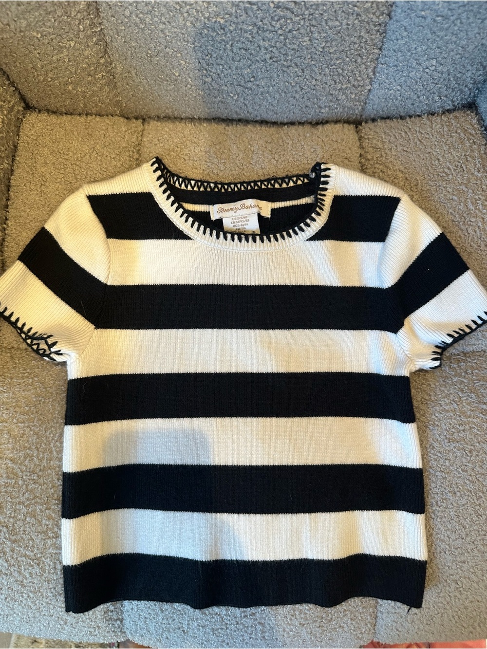 Tommy Bahama Black and White Striped Short-Sleeve Crew Sweater